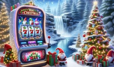 Winter Wonderland Background to Christmas Trees and Santa Clauses Next to Slot Machine