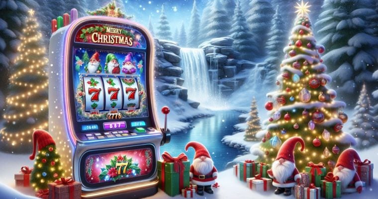 Winter Wonderland Background to Christmas Trees and Santa Clauses Next to Slot Machine