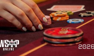 WSOP Online Logo and "2026" Over Image of Woman Touching Poker Chips On Poker Table