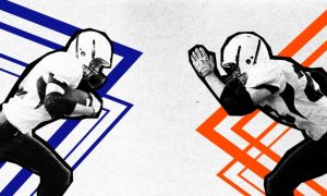 Two American Football Player Opponents Face Each Other Graphic Collage