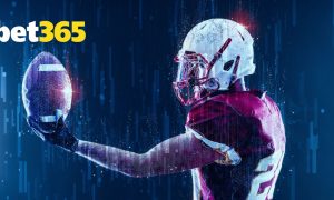 Bet365 Logo Over Image of Sideways Standing American Football Player Holding Football