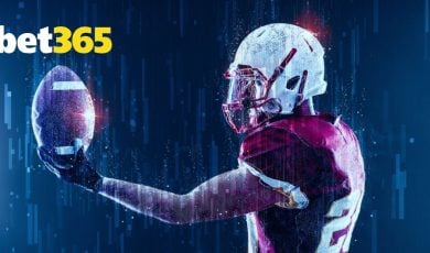 Bet365 Logo Over Image of Sideways Standing American Football Player Holding Football