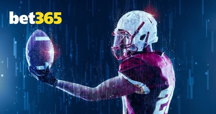 Bet365 Logo Over Image of Sideways Standing American Football Player Holding Football