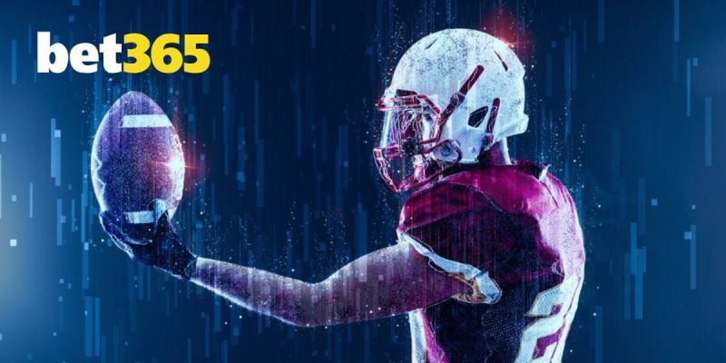 Bet365 Logo Over Image of Sideways Standing American Football Player Holding Football