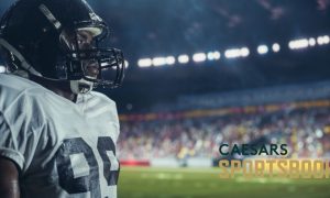 Caesars Sportsbook Logo Over Image of American Football Player with Focused Gaze Inside Stadium