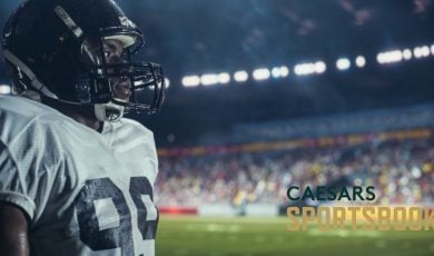 Caesars Sportsbook Logo Over Image of American Football Player with Focused Gaze Inside Stadium