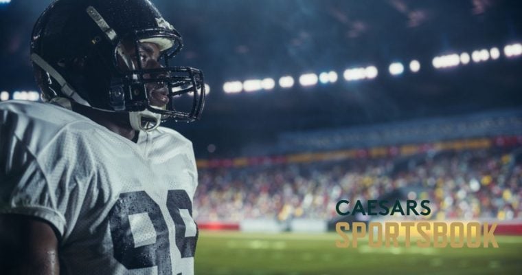 Caesars Sportsbook Logo Over Image of American Football Player with Focused Gaze Inside Stadium
