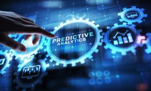 Digital Blue Gear Cogs Connected to Center Cog Reading "Predictive Analytics"