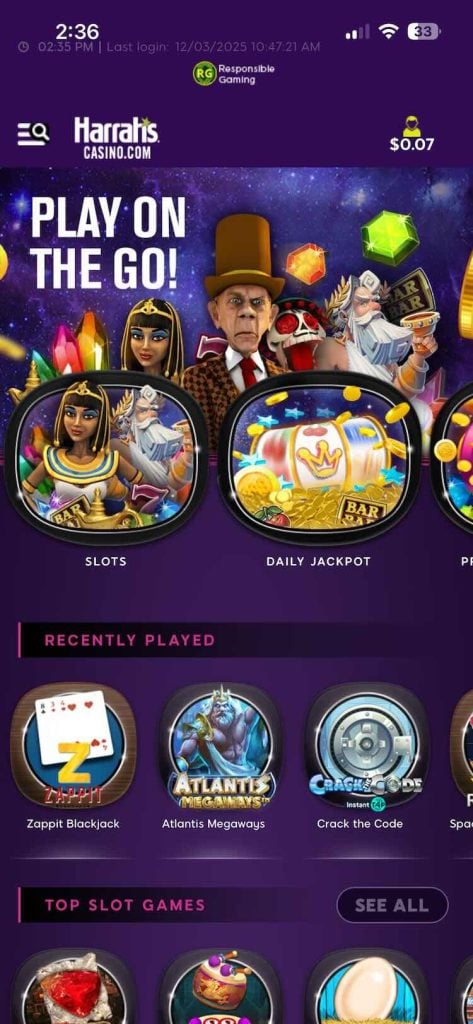 Harrah's app home screen