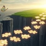 Bright Puzzle Pieces Create Path Toward Green Landscape