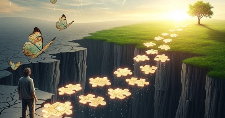 Bright Puzzle Pieces Create Path Toward Green Landscape