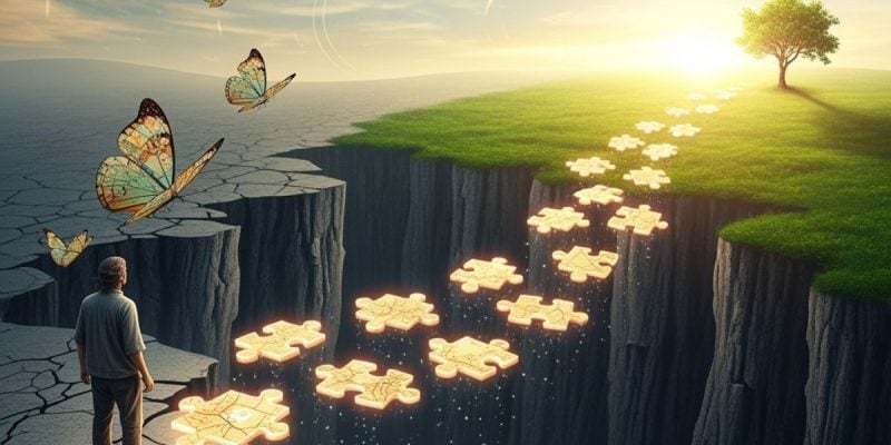 Bright Puzzle Pieces Create Path Toward Green Landscape