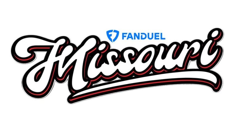FanDuel Logo Over Vector of "Missouri" Collegiate Style Text in White/Black/Red Colors