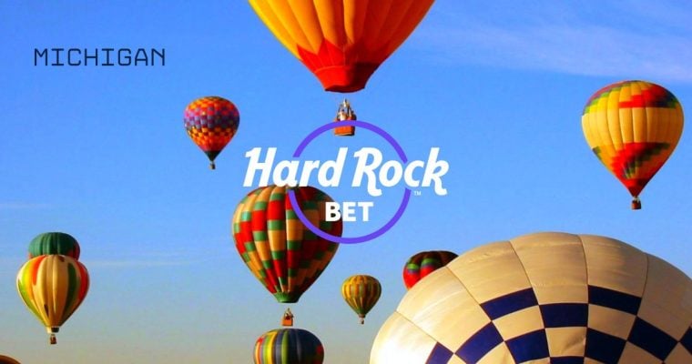 Hard Rock Bet Logo with "Michigan" Text Over Image of Various Colorful Floating Hot Air Balloons