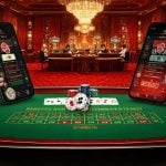 Baccarat Casino Game Inside Red Casino and On Two Oversized Mobile Devices