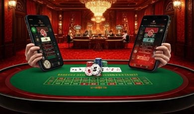 Baccarat Casino Game Inside Red Casino and On Two Oversized Mobile Devices