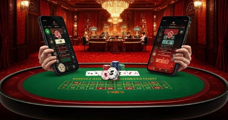 Baccarat Casino Game Inside Red Casino and On Two Oversized Mobile Devices