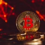 Golden Bitcoin Coins Displayed With Red Blockchain Network Background