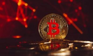 Golden Bitcoin Coins Displayed With Red Blockchain Network Background