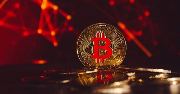 Golden Bitcoin Coins Displayed With Red Blockchain Network Background