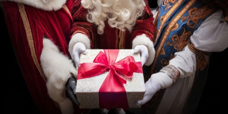 Close Up of Christmas Gift Wrapped with Red Bow Held By Three Santas