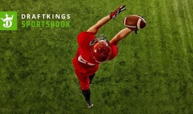 DraftKings Logo Over Image of American Football Player Catching Ball In Air