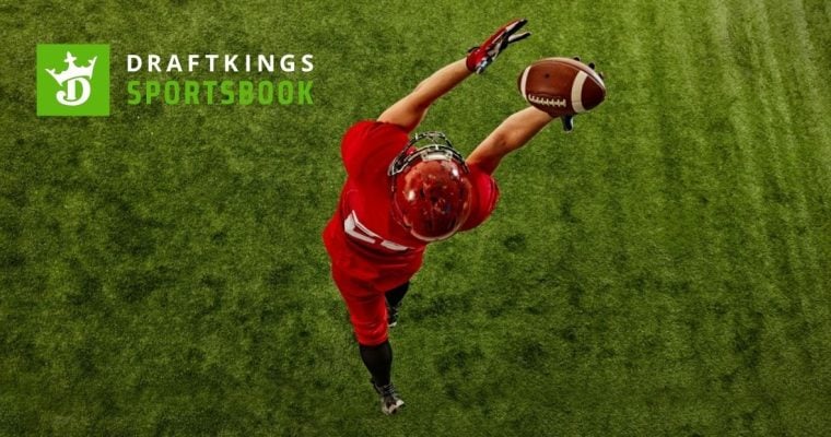 DraftKings Logo Over Image of American Football Player Catching Ball In Air