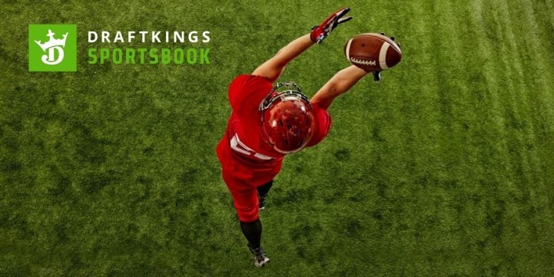 DraftKings Logo Over Image of American Football Player Catching Ball In Air