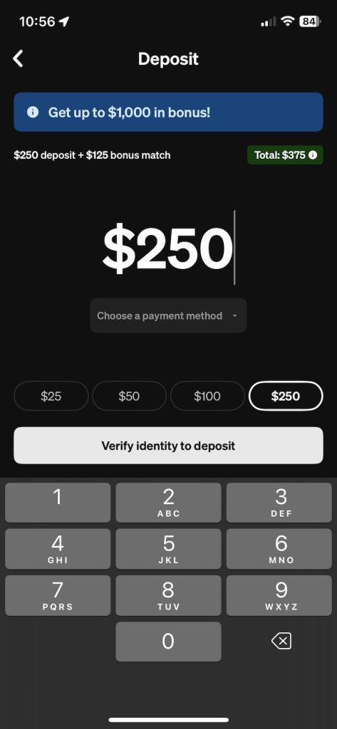 Underdog Picks deposit screen