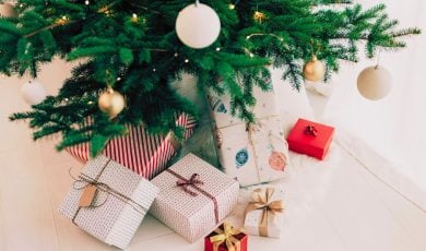 Bottom of Decorated Christmas Tree Displays Wrapped Gifts