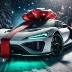 Winter Snowy Landscape Background with White Sports Car As Christmas Gift