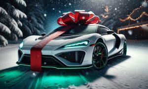 Winter Snowy Landscape Background with White Sports Car As Christmas Gift