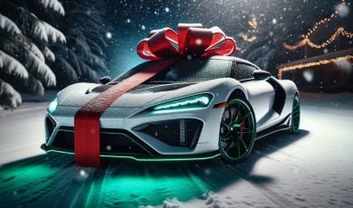 Winter Snowy Landscape Background with White Sports Car As Christmas Gift