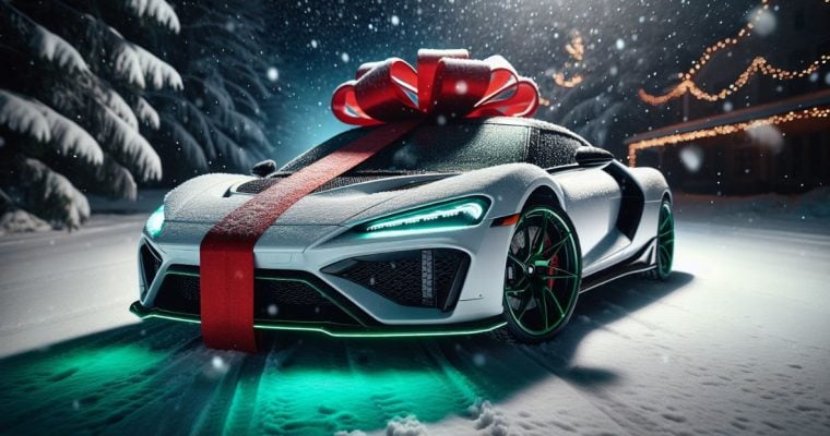 Winter Snowy Landscape Background with White Sports Car As Christmas Gift