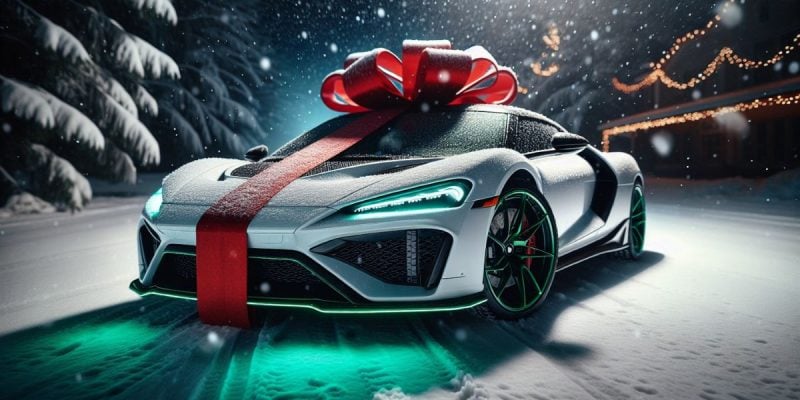 Winter Snowy Landscape Background with White Sports Car As Christmas Gift