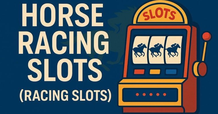 Illustrated banner showing the words ‘Horse Racing Slots (Racing Slots)’ beside a colorful slot machine cabinet with horse symbols on the reels, evoking HHR machines and other slots based on horse racing outcomes