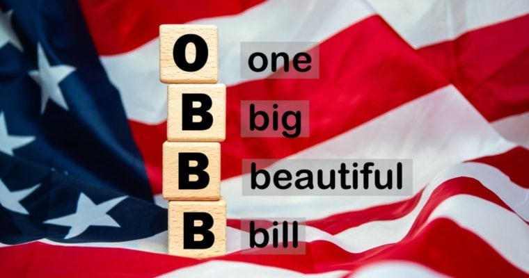 "One Big Beautiful Bill" Over American Flag and Wood Blocks with OBBB Letters