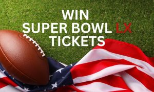 "Win Super Bowl LX Tickets" with American Flag and Football Laying on Green Grass