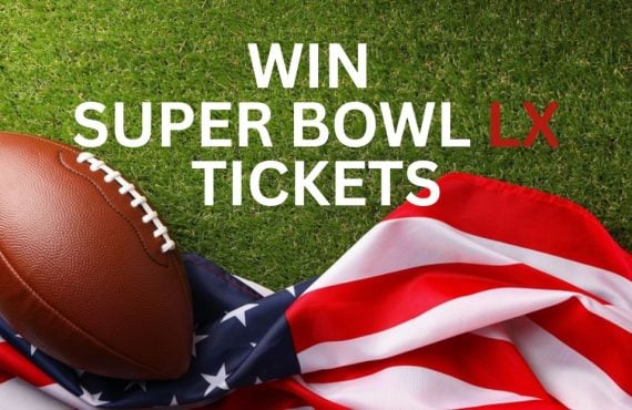"Win Super Bowl LX Tickets" with American Flag and Football Laying on Green Grass