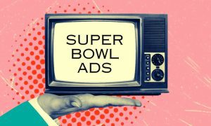Vintage TV Reads Super Bowl Ads Held In Man's Hand