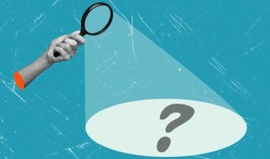 Hand Holds Magnifying Glass With Spotlight Pointing at Question Mark Art Collage