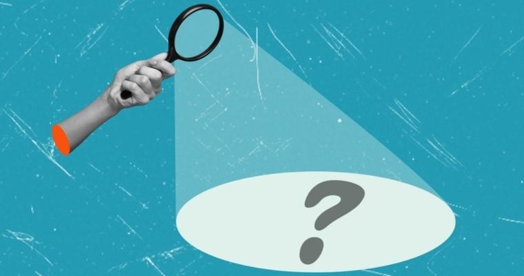 Hand Holds Magnifying Glass With Spotlight Pointing at Question Mark Art Collage