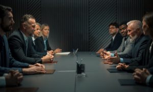 Inside A Dark Office Group of Business Men and Women Sit Across from Each Other