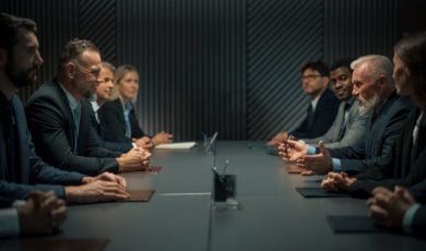 Inside A Dark Office Group of Business Men and Women Sit Across from Each Other