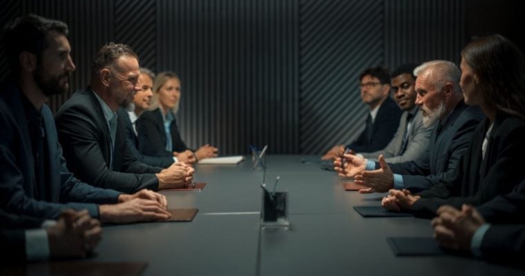 Inside A Dark Office Group of Business Men and Women Sit Across from Each Other