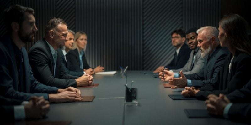 Inside A Dark Office Group of Business Men and Women Sit Across from Each Other