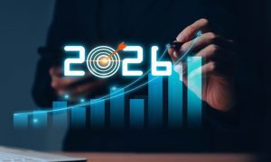 Blue Bar Chart with 2026 and Target at 0 Overlay on Image of Man Holding Cell Phone and Pen