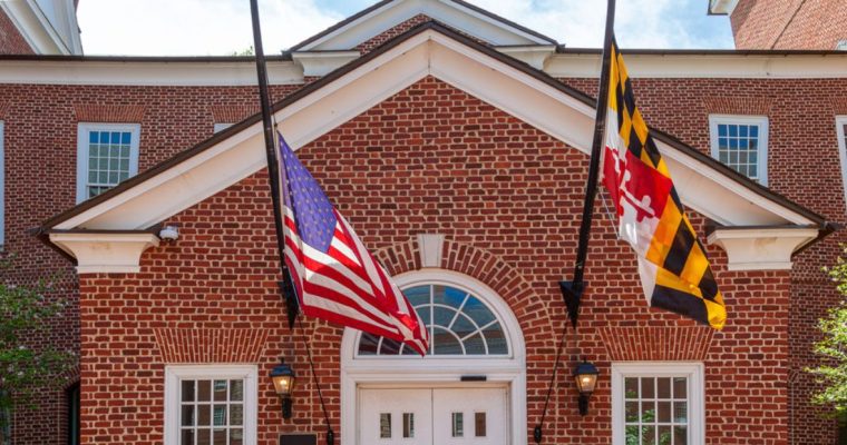 American and Stat4e Flags Hang at the Entrance of Senate Office Building in Maryland