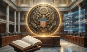 American Seal Inside Legislature Room with Prediction Market and Open Rules Book
