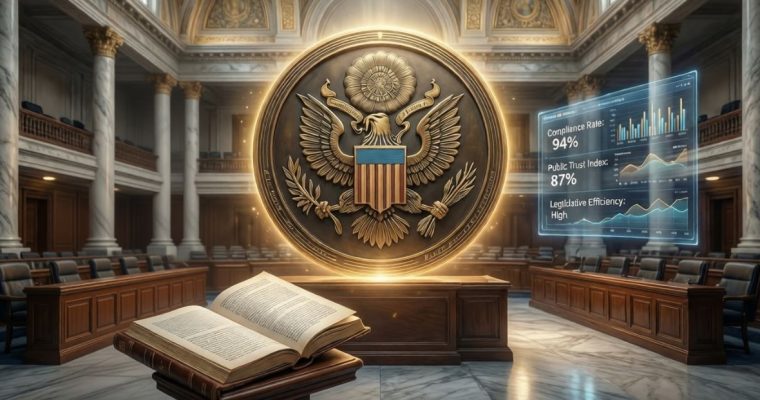 American Seal Inside Legislature Room with Prediction Market and Open Rules Book